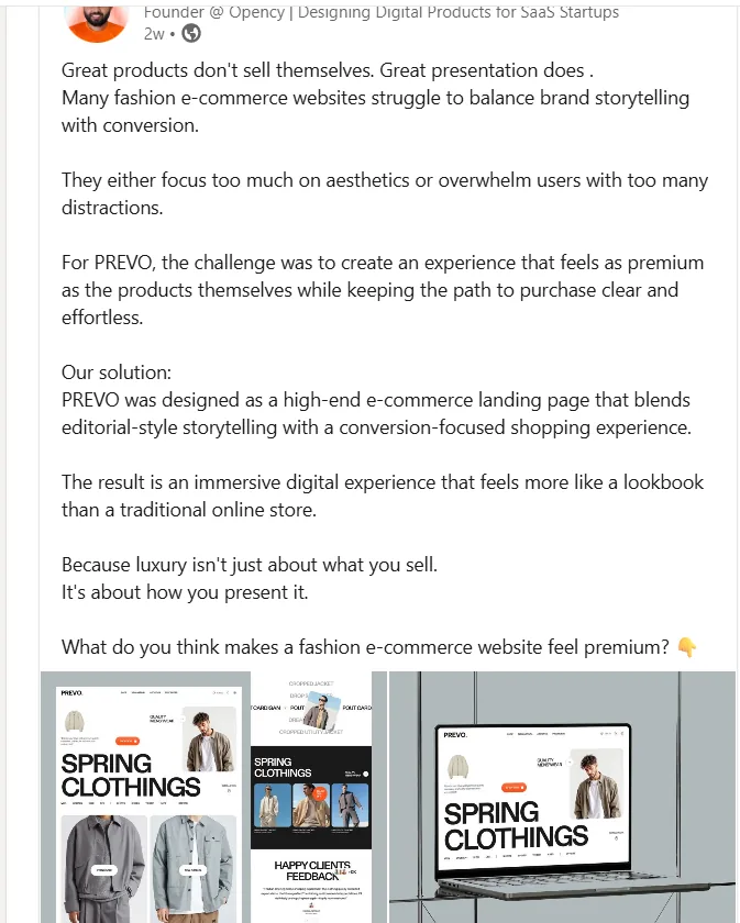 Company LinkedIn — PREVO e-commerce post